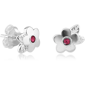 STERLING SILVER 925 JEWELLED EAR STUDS PAIR - FLOWER WITH LEAFS