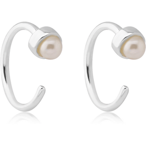 STERLING SILVER 925 EAR STUDS PAIR WITH SYNTHETIC PEARL CURVED