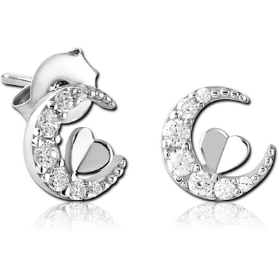 STERLING SILVER 925 JEWELLED EAR STUDS PAIR - CRESCENT
