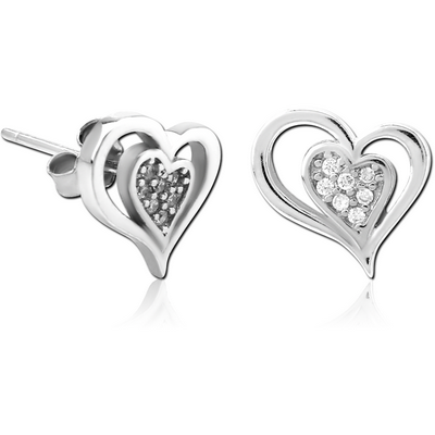 STERLING SILVER 925 JEWELLED EAR STUDS PAIR - TWO HEARTS