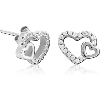 STERLING SILVER 925 JEWELLED EAR STUDS PAIR - TWO HEARTS