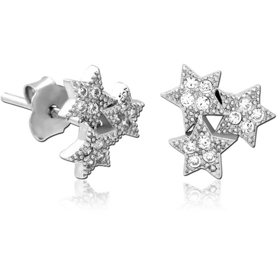 STERLING SILVER 925 JEWELLED EAR STUDS PAIR - TRIPLE STAR