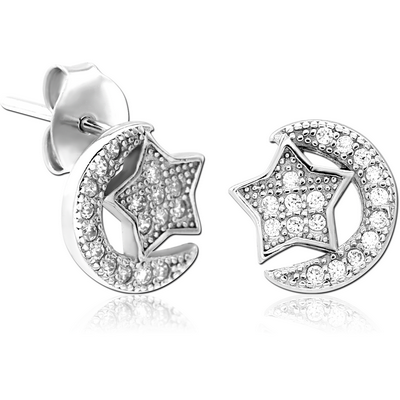 STERLING SILVER 925 JEWELLED EAR STUDS PAIR - STAR AND CRESCENT