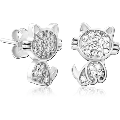 STERLING SILVER 925 JEWELLED EAR STUDS PAIR - CAT