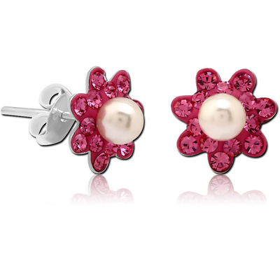 STERLING SILVER 925 CRYSTALINE EAR STUDS PAIR - FLOWER