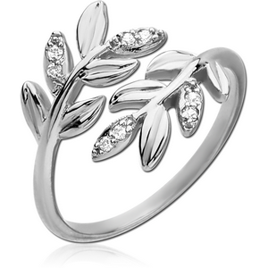 STERLING SILVER 925 JEWELLED OPEN RING - LEAF