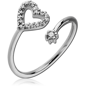 STERLING SILVER 925 JEWELLED OPEN RING - HEART AND CIRCLE