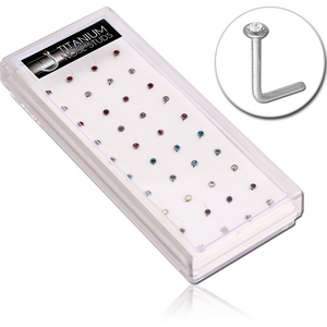 BOX OF 40 TITANIUM 90 DEGREE JEWELLED NOSE STUDS