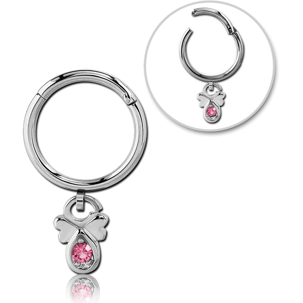 STERILE SURGICAL STEEL ROUND HINGED SEGMENT RING WITH HOOP AND JEWELLED DANGLING CHARM - FLOWER