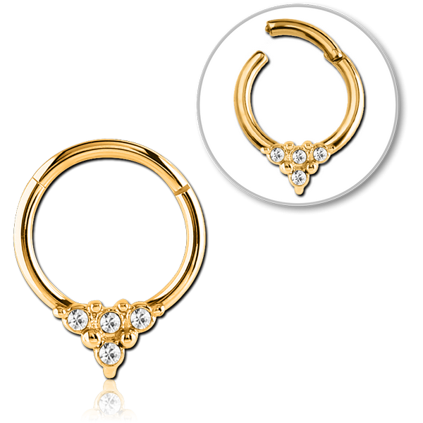 STERILE GOLD PVD COATED SURGICAL STEEL ROUND JEWELLED HINGED SEGMENT RING