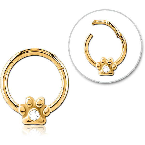 STERILE GOLD PVD COATED SURGICAL STEEL JEWELLED HINGED SEGMENT RING - ANIMAL PAW CENTER GEM