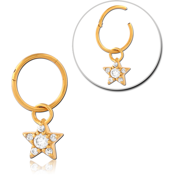 STERILE GOLD PVD COATE SURGICAL STEEL HINGED SEGMENT RING WITH JEWELLED CHARM