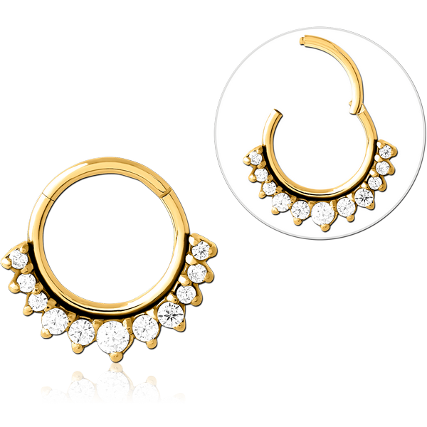 STERILE GOLD PVD COATED SURGICAL STEEL ROUND JEWELLED HINGED SEGMENT RING