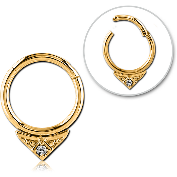STERILE GOLD PVD COATED SURGICAL STEEL ROUND PRONG SET JEWELLED HINGED SEGMENT RING