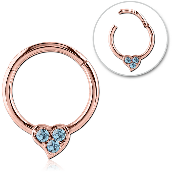 STERILE ROSE GOLD PVD COATED SURGICAL STEEL ROUND JEWELLED HINGED SEGMENT RING