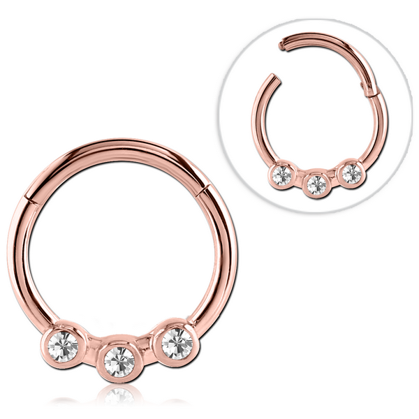 STERILE ROSE GOLD PVD COATED SURGICAL STEEL ROUND JEWELLED HINGED SEGMENT RING