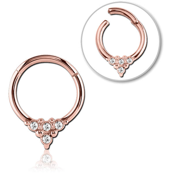 STERILE ROSE GOLD PVD COATED SURGICAL STEEL ROUND JEWELLED HINGED SEGMENT RING