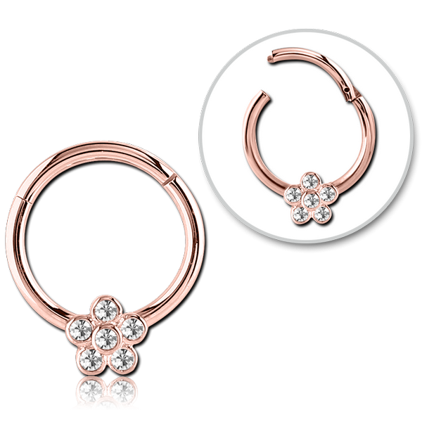 STERILE ROSE GOLD PVD COATED SURGICAL STEEL ROUND JEWELLED HINGED SEGMENT RING