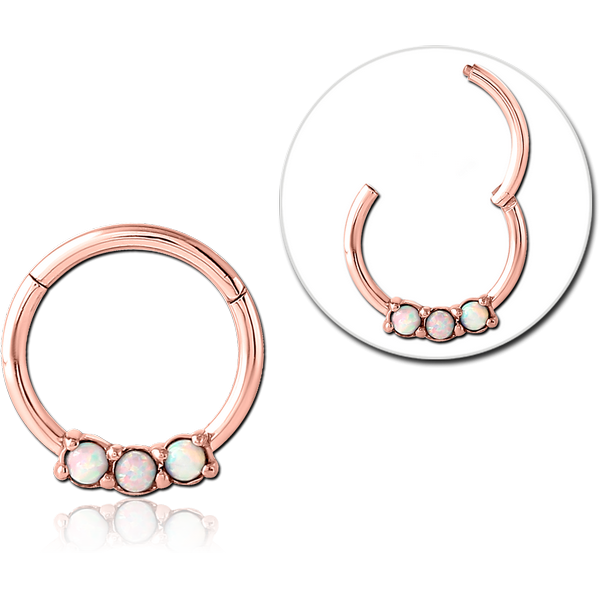 STERILE ROSE GOLD PVD COATED SURGICAL STEEL ROUND SYNTHETIC OPAL HINGED SEGMENT RING