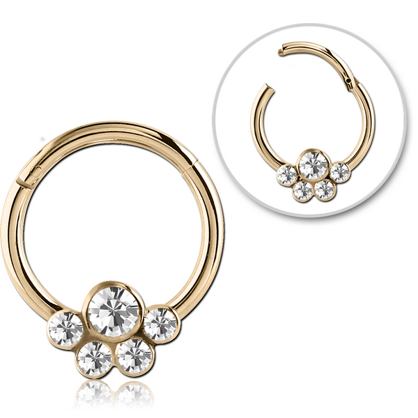 STERILE ZIRCON GOLD PVD COATED SURGICAL STEEL ROUND JEWELLED HINGED SEGMENT RING