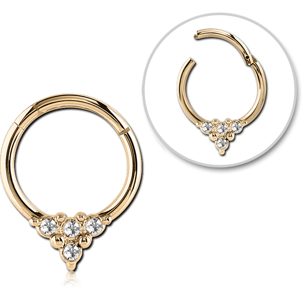 STERILE ZIRCON GOLD PVD COATED SURGICAL STEEL ROUND JEWELLED HINGED SEGMENT RING