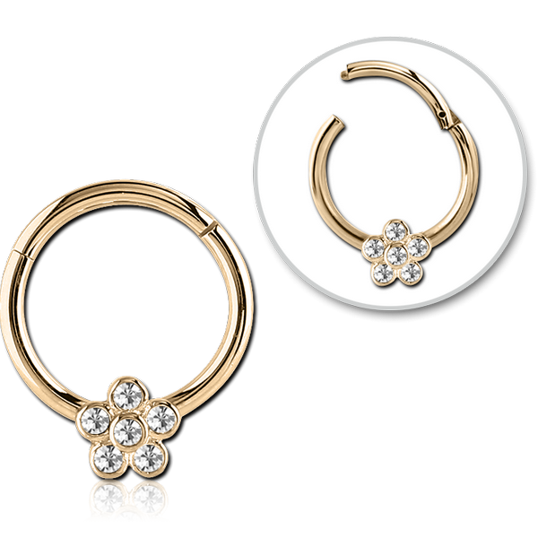 STERILE ZIRCON GOLD PVD COATED SURGICAL STEEL ROUND JEWELLED HINGED SEGMENT RING