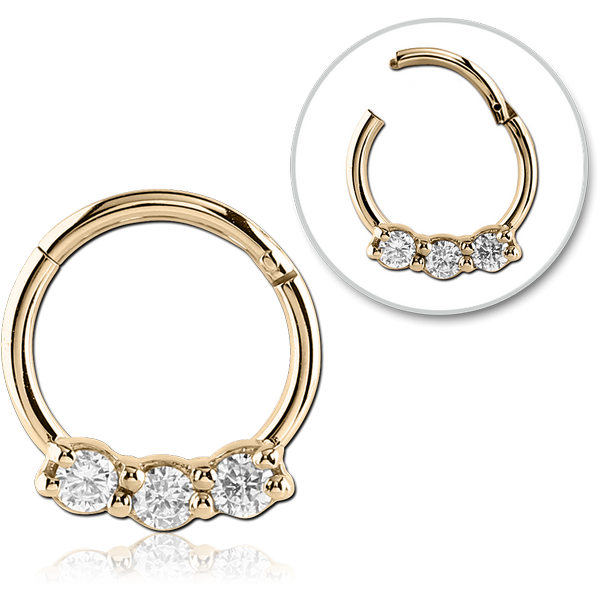 STERILE ZIRCON GOLD PVD COATED SURGICAL STEEL ROUND JEWELLED HINGED SEGMENT RING
