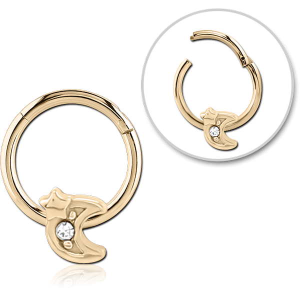 STERILE ZIRCON GOLD PVD COATED SURGICAL STEEL JEWELLED HINGED SEGMENT RING -CRESCENT AND STAR