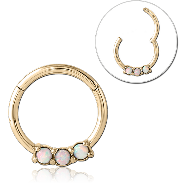 STERILE ZIRCON GOLD PVD COATED SURGICAL STEEL ROUND SYNTHETIC OPAL HINGED SEGMENT RING