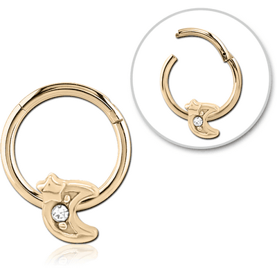 ZIRCON GOLD PVD COATED SURGICAL STEEL JEWELLED HINGED SEGMENT RING -CRESCENT AND STAR