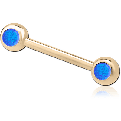 ZIRCON GOLD PVD COATED SURGICAL STEEL DOUBLE SIDE SYNTHETIC OPAL NIPPLE BARBELL