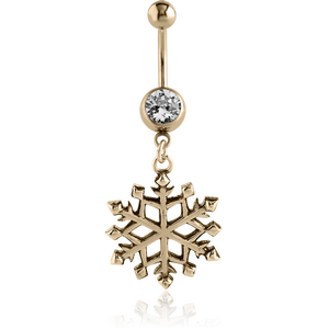 ZIRCON GOLD PVD COATED SURGICAL STEEL JEWELLED NAVEL BANANA WITH DANGLING CHARM - SNOWFLAKE