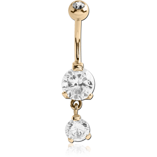 ZIRCON GOLD PVD COATED SURGICAL STEEL DOUBLE ROUND CZ DANGLE BANANA WITH JEWELLED BALL