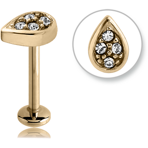 ZIRCON GOLD PVD COATED SURGICAL STEEL INTERNALLY THREADED JEWELLED MICRO LABRET PEAR DROP