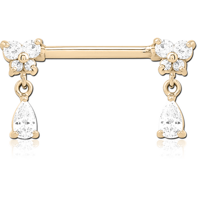 ZIRCON GOLD PVD COATED SURGICAL STEEL NIPPLE PIERCING INTERNAL THREADED BAR WITH MOVING CHARM FINE JEWELLED