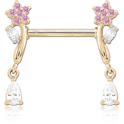 ZIRCON GOLD PVD COATED SURGICAL STEEL NIPPLE PIERCING INTERNAL THREADED BAR WITH MOVING CHARM FINE JEWELLED