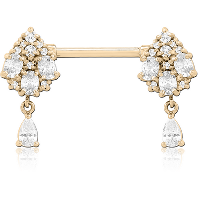ZIRCON GOLD PVD COATED SURGICAL STEEL NIPPLE PIERCING INTERNAL THREADED BAR WITH MOVING CHARM FINE JEWELLED