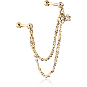 ZIRCON GOLD PVD COATED SURGICAL STEEL JEWELLED TRAGUS MICRO BARBELLS CHAIN LINKED - BOW