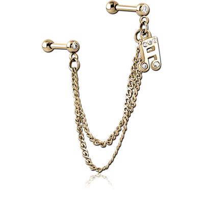 ZIRCON GOLD PVD COATED SURGICAL STEEL JEWELLED TRAGUS MICRO BARBELLS CHAIN LINKED - MUSIC NOTE