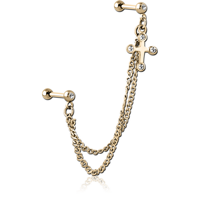 ZIRCON GOLD PVD COATED SURGICAL STEEL JEWELLED TRAGUS MICRO BARBELLS CHAIN LINKED - CROSS