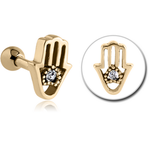 ZIRCON GOLD PVD COATED SURGICAL STEEL JEWELLED TRAGUS MICRO BARBELL - HAMSA