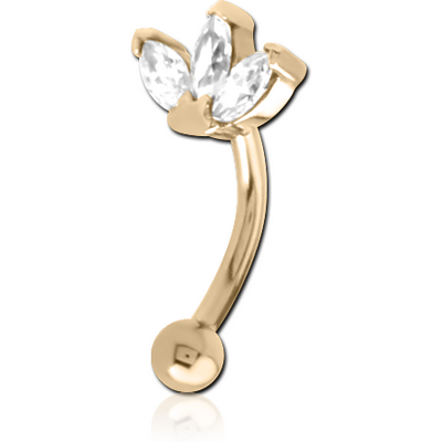 ZIRCON GOLD PVD COATED SURGICAL STEEL JEWELLED FANCY CURVED MICRO BARBELL - TRIPLE GEM CURVE