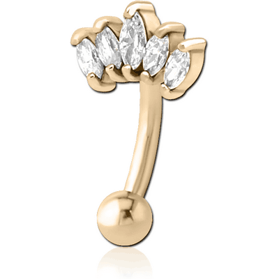 ZIRCON GOLD PVD COATED SURGICAL STEEL JEWELLED FANCY CURVED MICRO BARBELL - FIVE GEMS