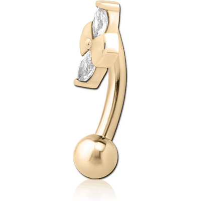 ZIRCON GOLD PVD COATED SURGICAL STEEL JEWELLED FANCY CURVED MICRO BARBELL - BOW TIE