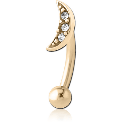 ZIRCON GOLD PVD COATED SURGICAL STEEL JEWELLED FANCY CURVED MICRO BARBELL - CRESCENT 3 GEMS