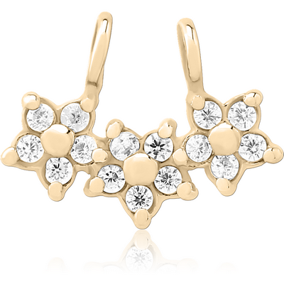 ZIRCON GOLD PVD COATED SURGICAL STEEL SLIDING JEWELLED CHARM FOR HINGED SEGMENT RING - TRIPLE FLOWER