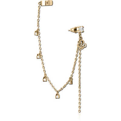 ZIRCON GOLD PVD COATED SURGICAL STEEL JEWELLED EAR CUFF - HEART AND LOCK