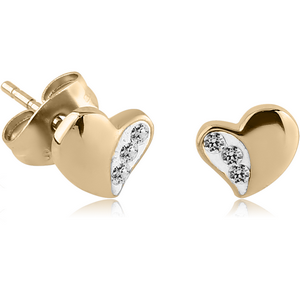 ZIRCON GOLD PVD COATED SURGICAL STEEL CRYSTALINE JEWELLED EAR STUDS PAIR - HEART