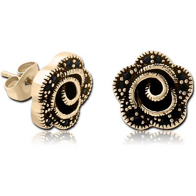 ZIRCON GOLD PVD COATED SURGICAL STEEL JEWELLED EAR STUDS - FLOWER