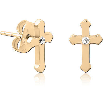 ZIRCON GOLD PVD COATED SURGICAL STEEL JEWELLED EAR STUDS - CROSS